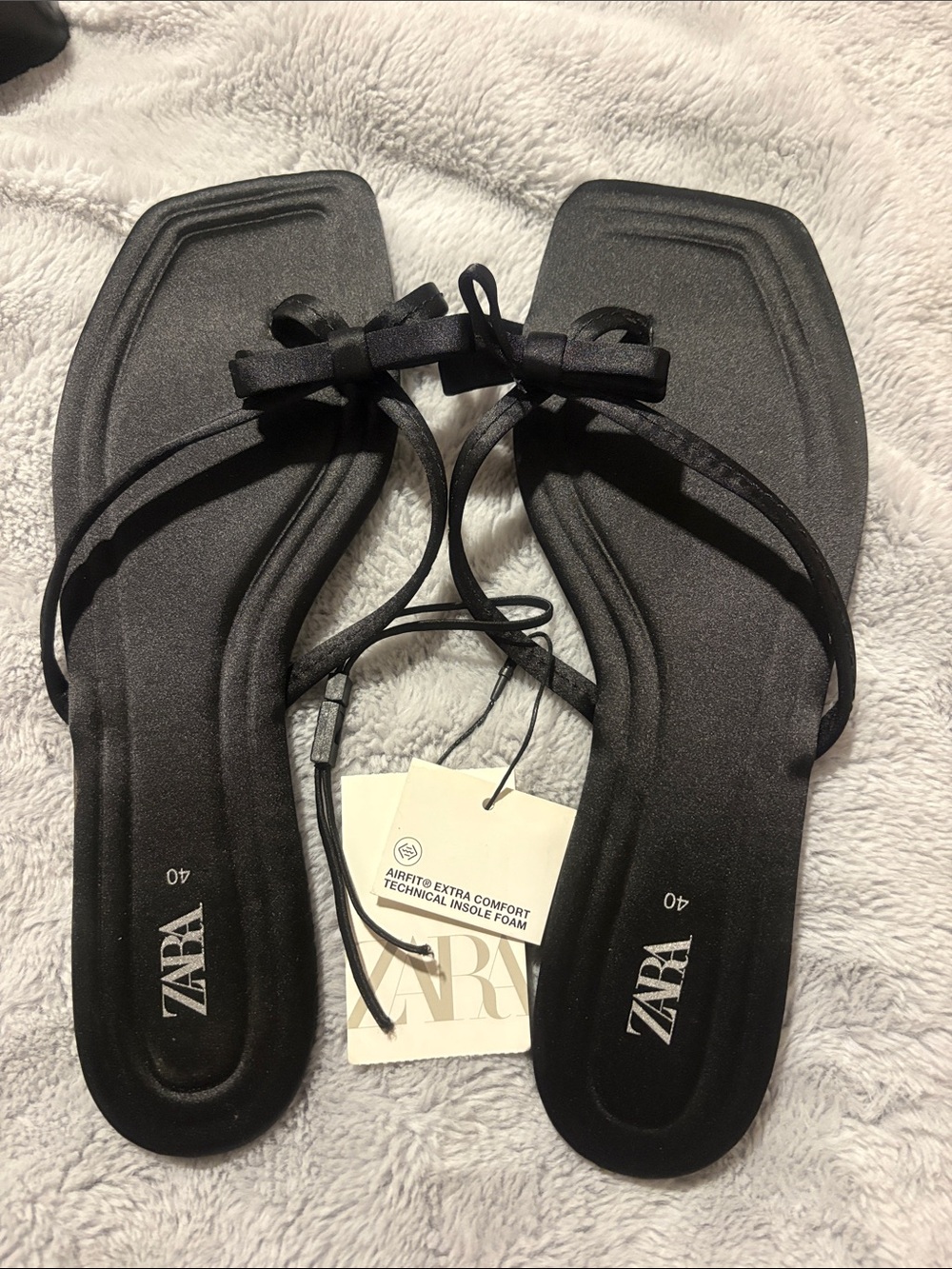NWT ZARA Black Bow Strap Square Toe Flat Sandals Size 40 (9)